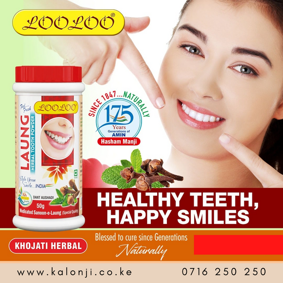 Have you been asking yourself, Where to get LooLoo Herbal Medicated Tooth Powder Laung (Clove) in Kenya? or Where to get Herbal Medicated Tooth Powder Laung (Clove) in Nairobi? Kalonji Online Shop Nairobi has it. Contact them via WhatsApp/call via 0716 250 250 or even shop online via their website www.kalonji.co.ke