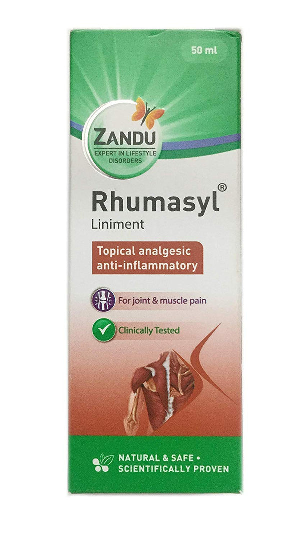 zandu rhumasyl oil uses - For Joint And Muscle Pain  Clinically Tested Natural and time tested pain reliever Topical applicable for osteoarthritis, sports injury, sprain, back pain, leg cramps, myalgia, lumbago, sciatica, neuralgia, frozen shoulder and spondilytis Rhumasyl liniment by Zandu is an ayurvedic product for external application and is beneficial in relieving acute and chronic musculoskeletal pains. 