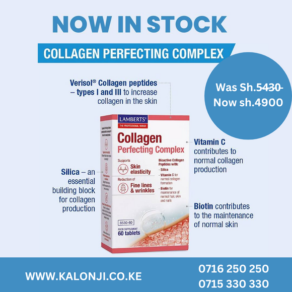 Have you been asking yourself, Where to get Lamberts Collagen Perfecting Complex Tablets in Kenya? or Where to get Collagen Perfecting Complex Tablets in Nairobi? Kalonji Online Shop Nairobi has it. Contact them via WhatsApp/call via 0716 250 250 or even shop online via their website www.kalonji.co.ke