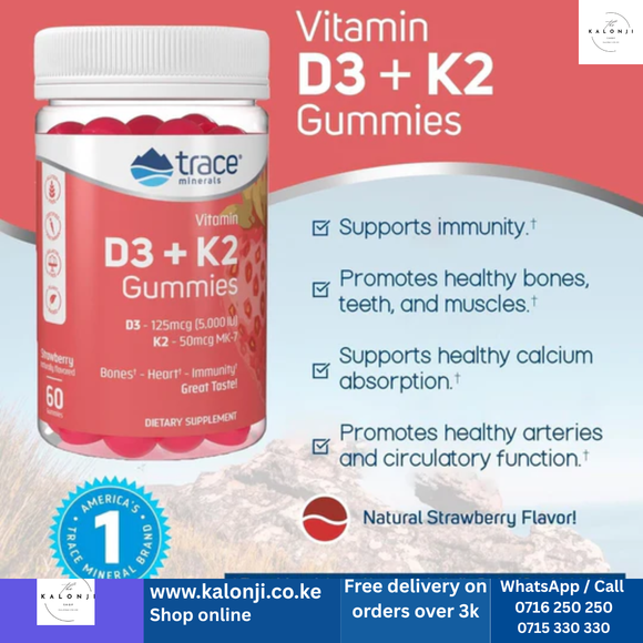 Where to get Vitamin D3 + K2 GUMMIES in Nairobi Kenya? Kalonji Shop has
WhatsApp/Call 0716250250 / shop online www.kalonji.co.ke
Free Delivery 4 order over 3K