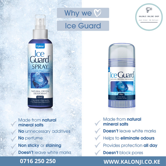 Have you been asking yourself, Where to get Optima Ice Guard Natural Crystal Deodorant in Kenya? or Where to get Optima Ice Guard Natural Crystal Deodorant  in Nairobi? Kalonji Online Shop Nairobi has it. Contact them via Whatsapp/call via 0716 250 250 or even shop online via their website www.kalonji.co.ke